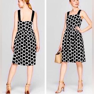 black and white retro chic polka dot linen midi dress with square neck line SM